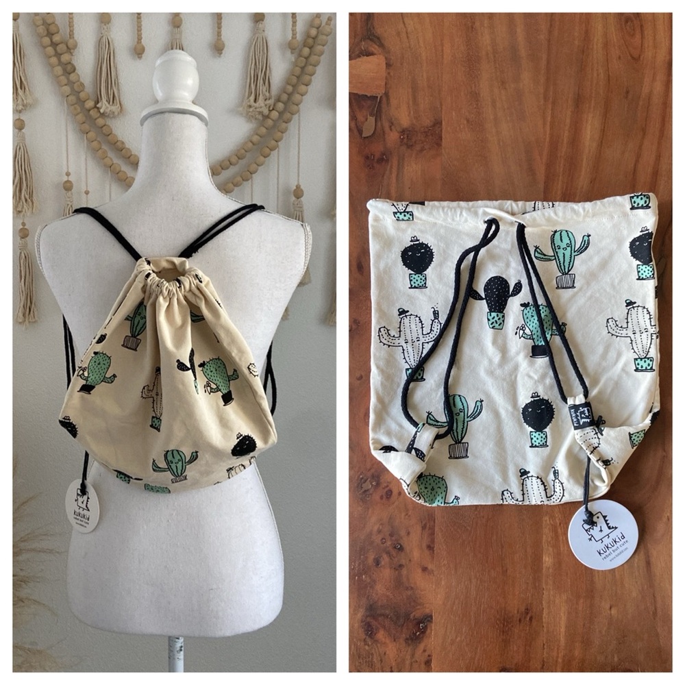 Kukukid organic cotton drawstring backpack tote cream cactus print kids bag